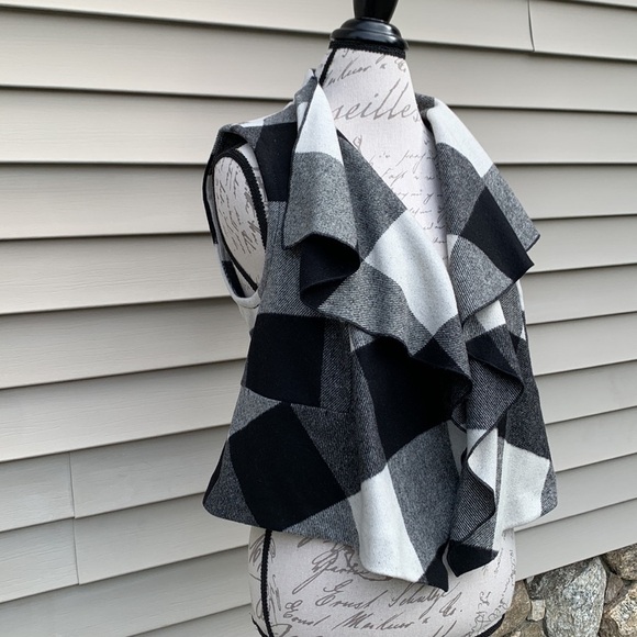 Gap Wool Blend Buffalo Plaid Drape Front Vest - Black/Off White - Picture 2 of 14